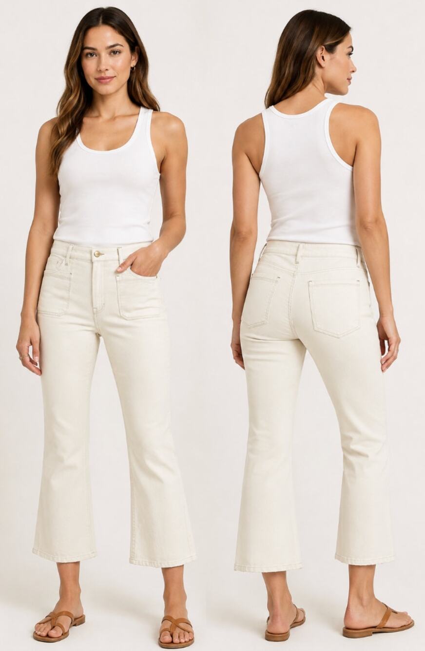 Frame Women's Le Bardot Crop Flare Leg Denim Jeans Pants in Ecru Ivory Size 32